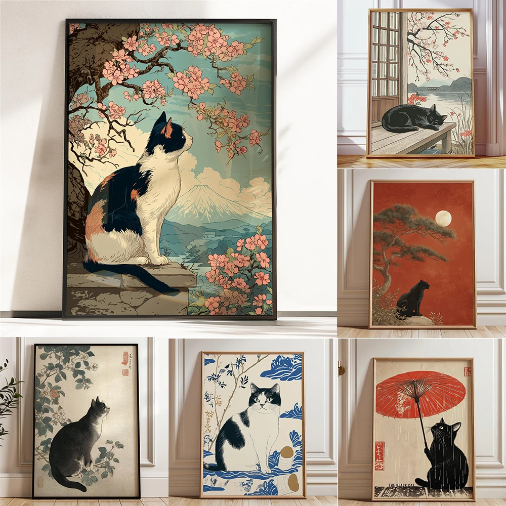 Black Cat with Red Umbrella Art Print Japanese Style Wall Poster Whimsical Rainy Day Decor Black Cat Samurai Art Print
