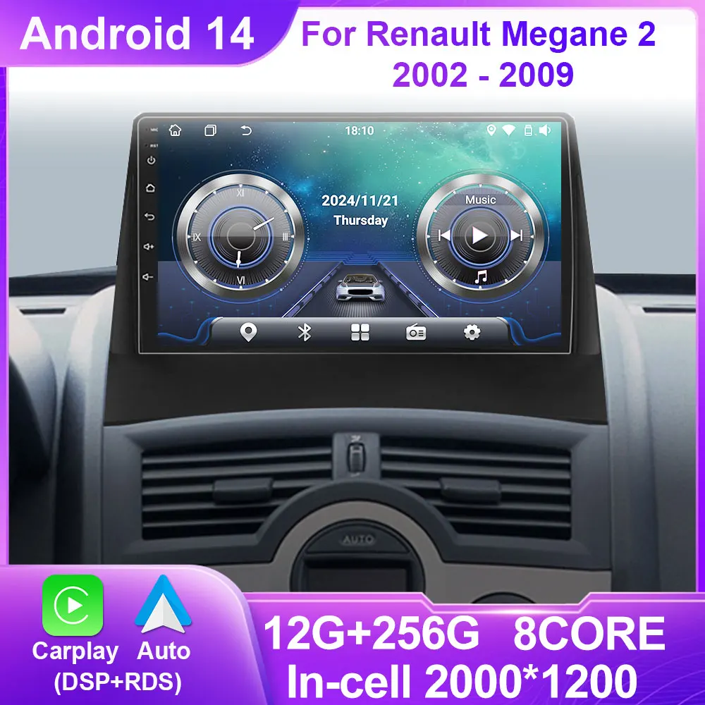 Autoradio Autoradio pour Renault Megane 2 2002 - 2009 écran Carplay sans fil Android Auto stéréo GPS Navi FM RDS 4G WIFI No 2DIN
