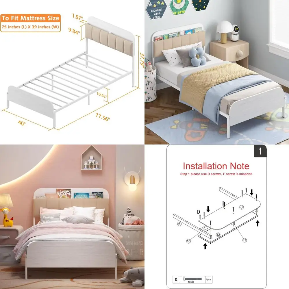 Twin Metal Bed Frame with Bookcase Headboard, Upholstered for Kids, Teens, Adults, No Box Spring, White