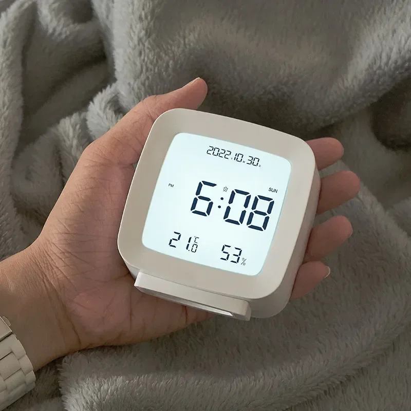 Mini Alarm Clock with Backlight Battery Operated LCD Display Temperature Humidity Monitor Multifunction Home Outdoor Sensor Tool