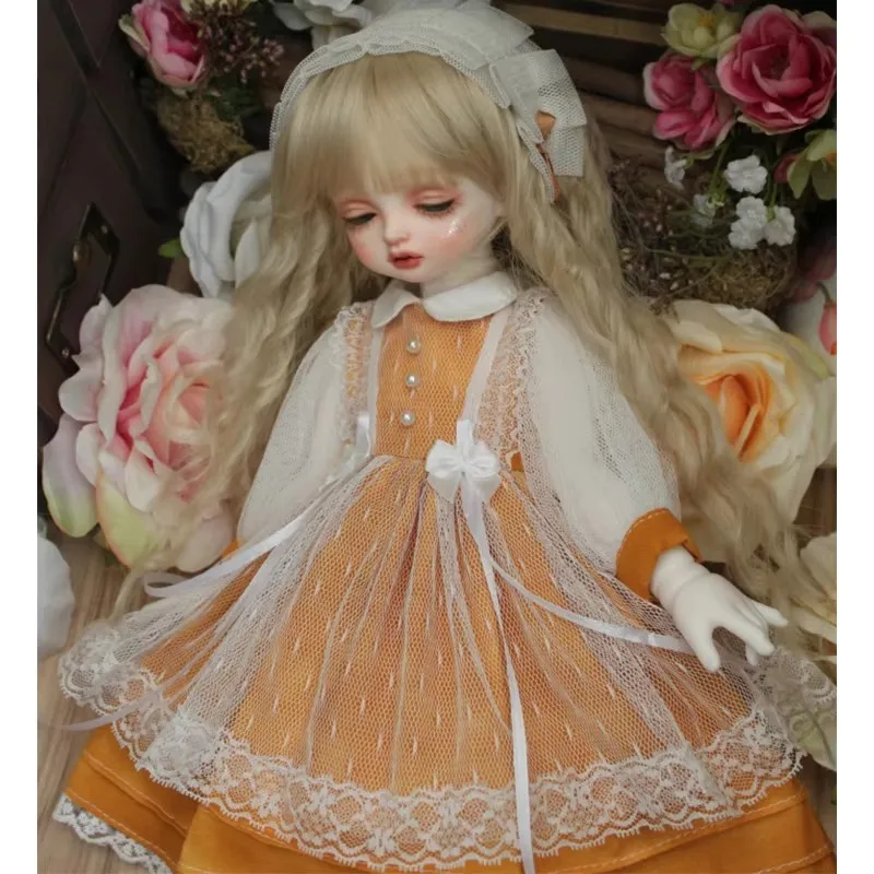 Geel BJD Jurk met Haarband Kant Ontwerp Poppenkleertjes voor 1/3 1/4 1/6 BJD SD DD Blyth Pop Accessoires