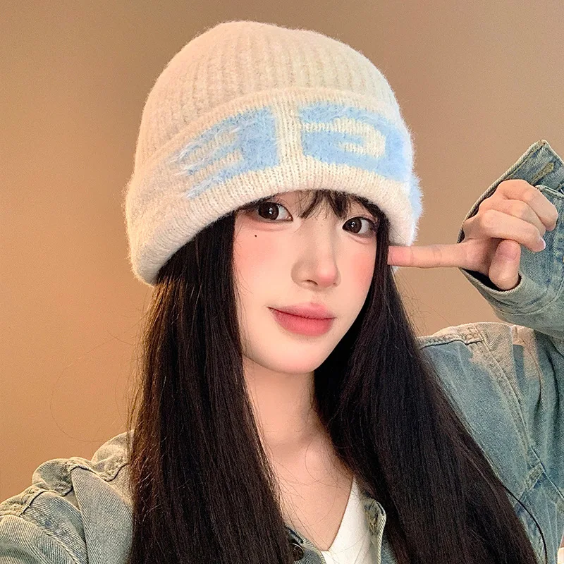 

Женская осенне-зимняя вязаная шапка-бини с жаккардовым узором, теплая и универсальная, утолщенная и мягкая