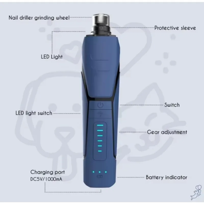 HOT Sale USB Rechargeable 6-Speed LED Light Electric Pet Nail Clipper Trimmer Dog Grinder Safe Noiseless Scissors Cat Dog Small