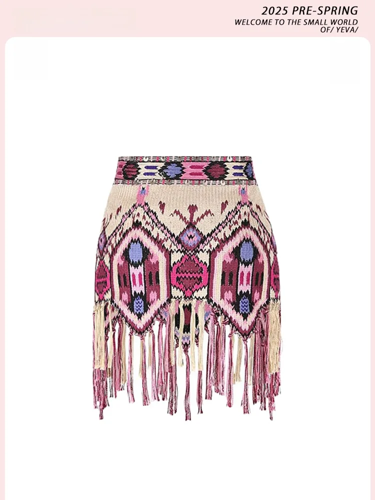 

Yeova Women's High Waist Tassel Skirt National Sle Diamond Pattern Asymmetrical Wrap around Skirt Summer Casual