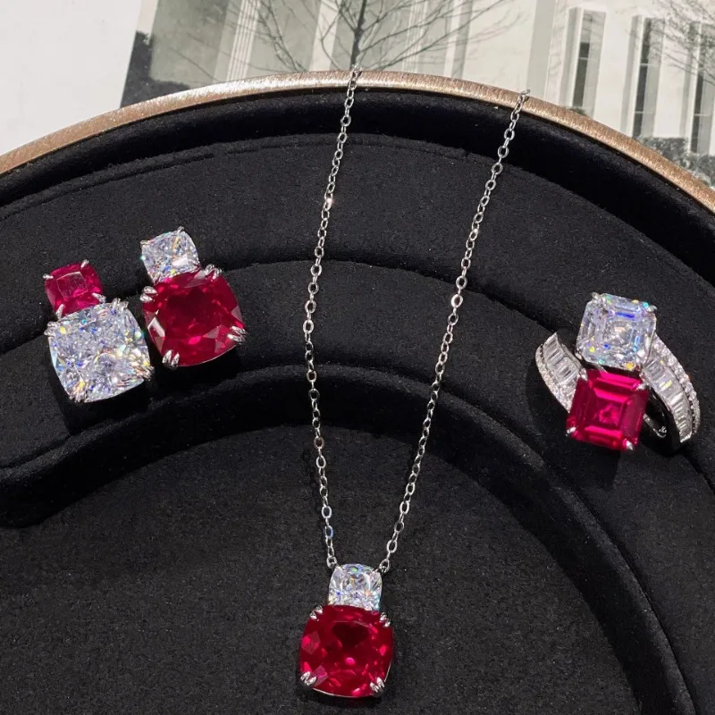 Light Luxury Red Corundum Pendant Necklace Fashion Dinner Cultivation Synthetic Ruby Set Color Treasure Earrings AB Ring