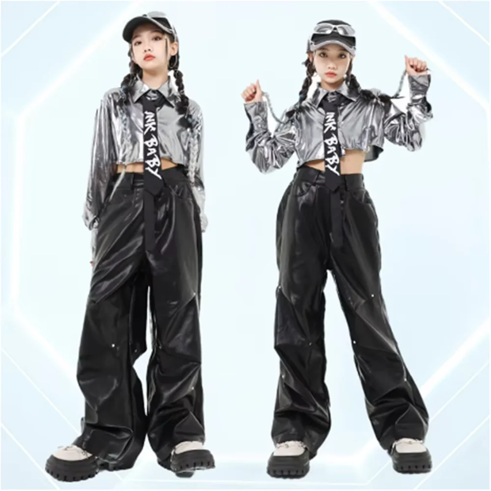 

Jazz Dance Costume Girls Hip Hop Street Dance Stage Outfit Children Fashion Clothes Silver Shirt Loose Black Cargo Pants