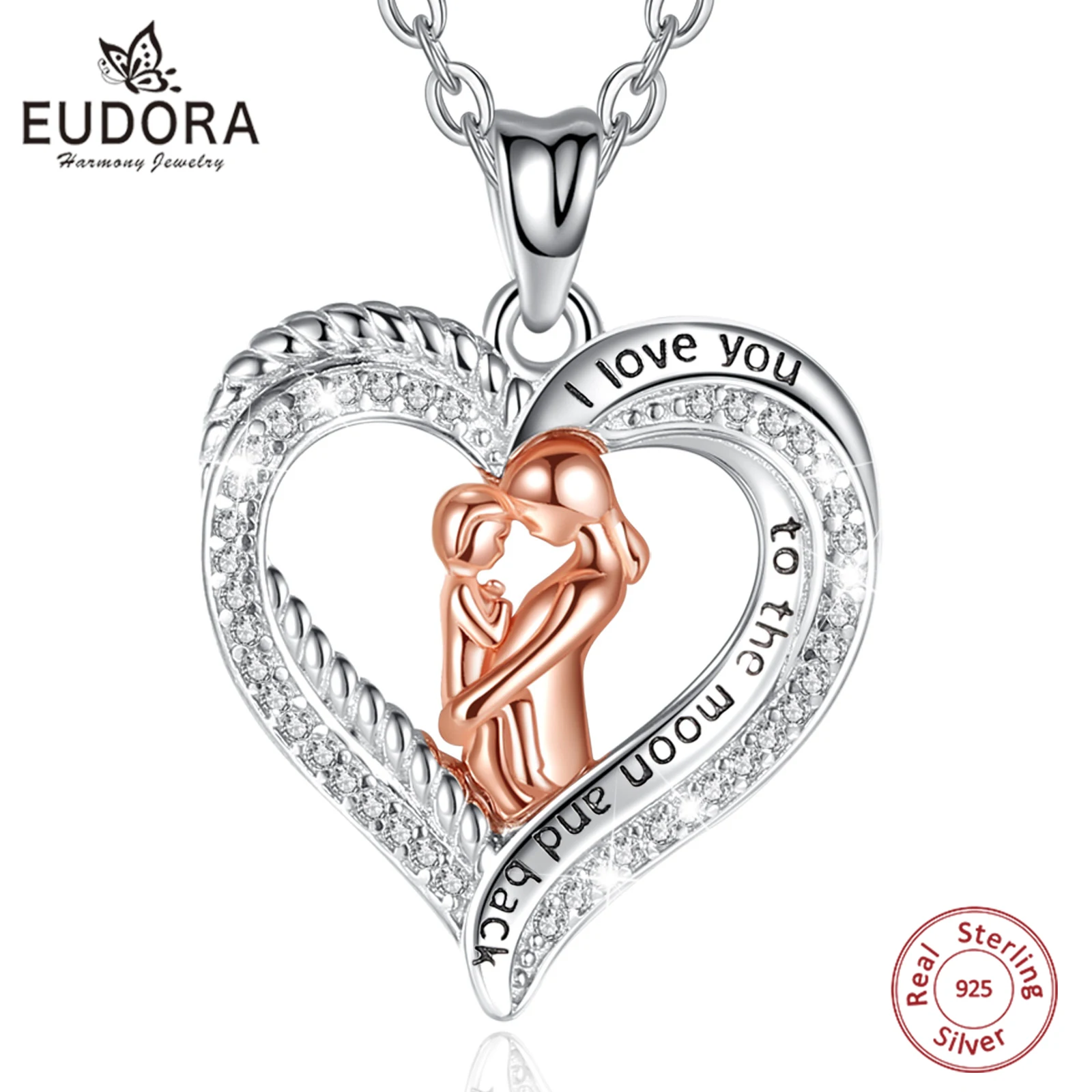 EUDORA 925 Sterling Silver Mother Baby Rose Gold Color Necklace Paved-Crystal Heart Pendant Fine Jewelry for Mother's Day gift