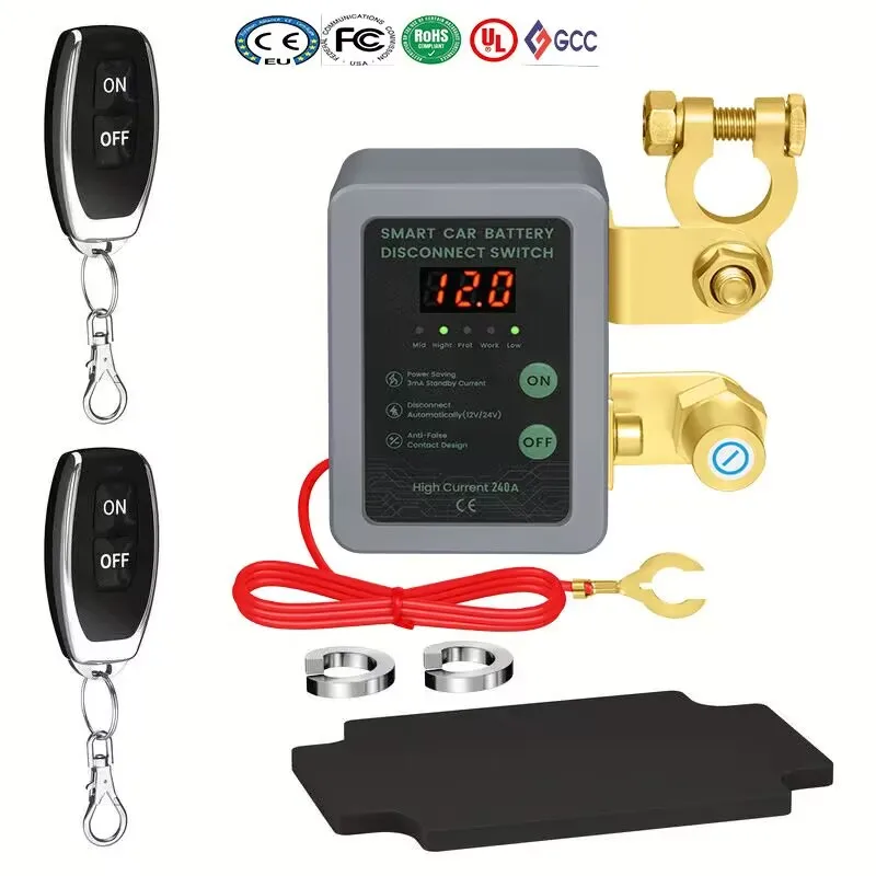 Newest 240A Kill Switch 12V Remote Battery Disconnect Switch with Led Voltage Display Automatic Power Shut Off Switch for Auto