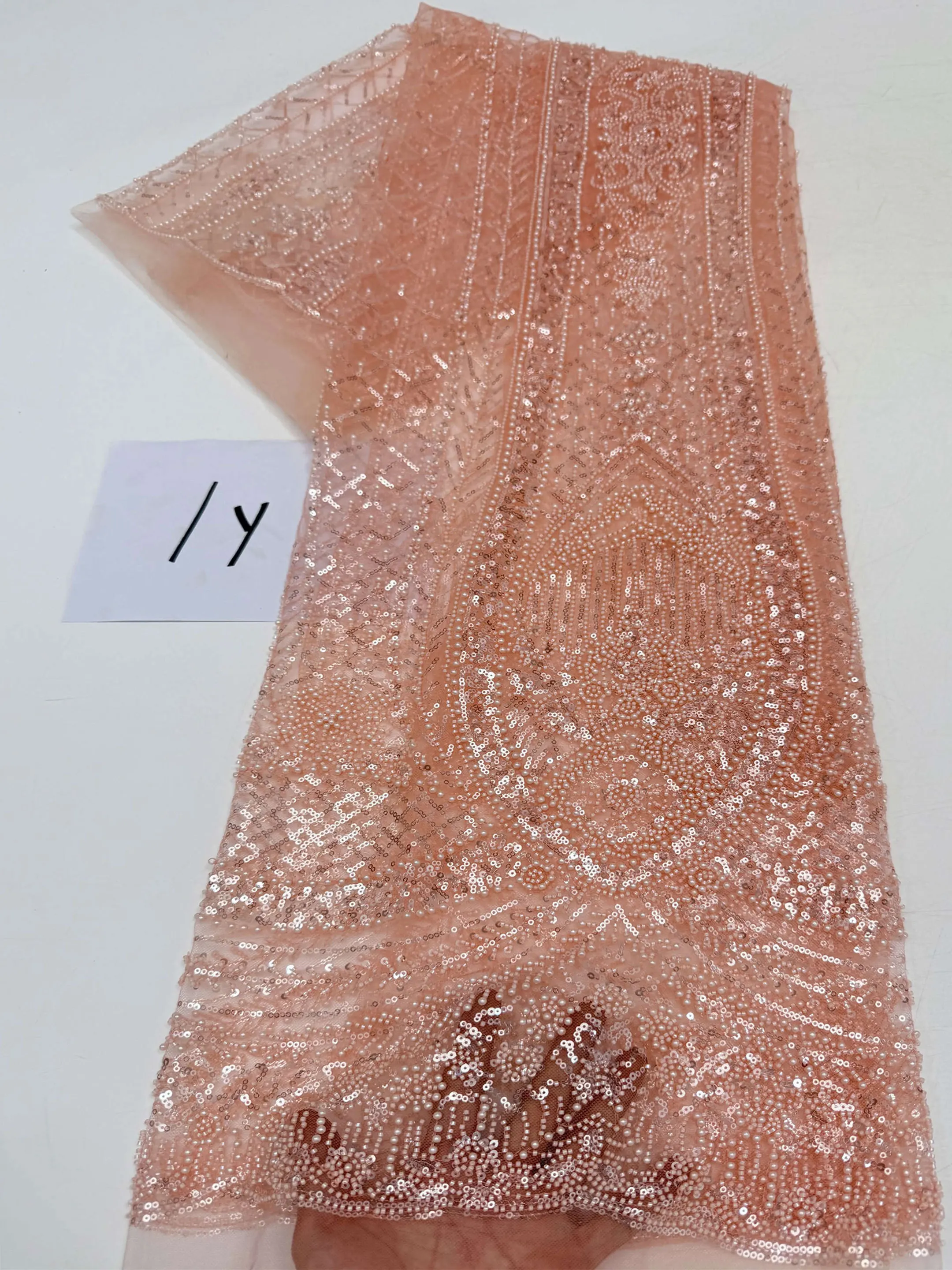 African Sequins Pearls Lace Fabric High Quality French Beaded Tulle Lace Fabric Nigeria For Bridal Party Dress 1 Yards