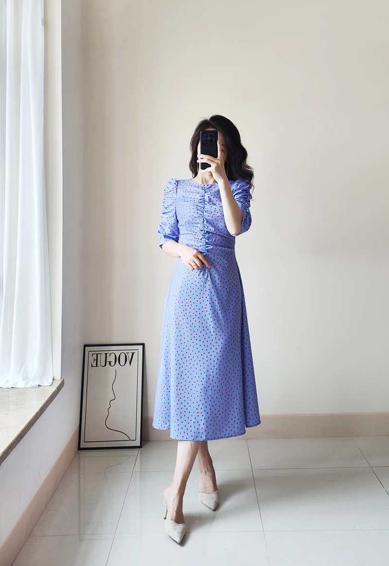 

Spot Printed Bluish-Purple Folded Sleeves Midi Dress US 2-US 10