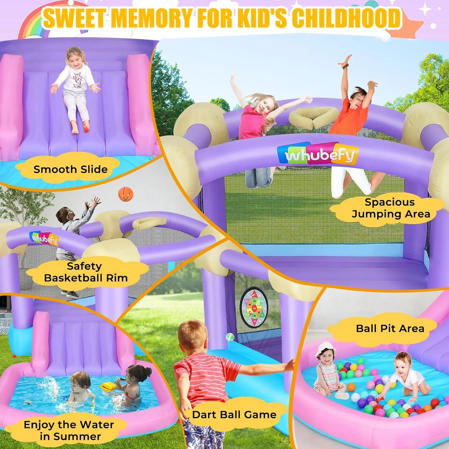منزل ترتد وردي قابل للنفخ للأطفال ، حديقة مائية الكل في واحد للقفز والانزلاق مع 50 كرة المحيط ، 6 كرات دارت ، 2-8 ، 161x82x63
