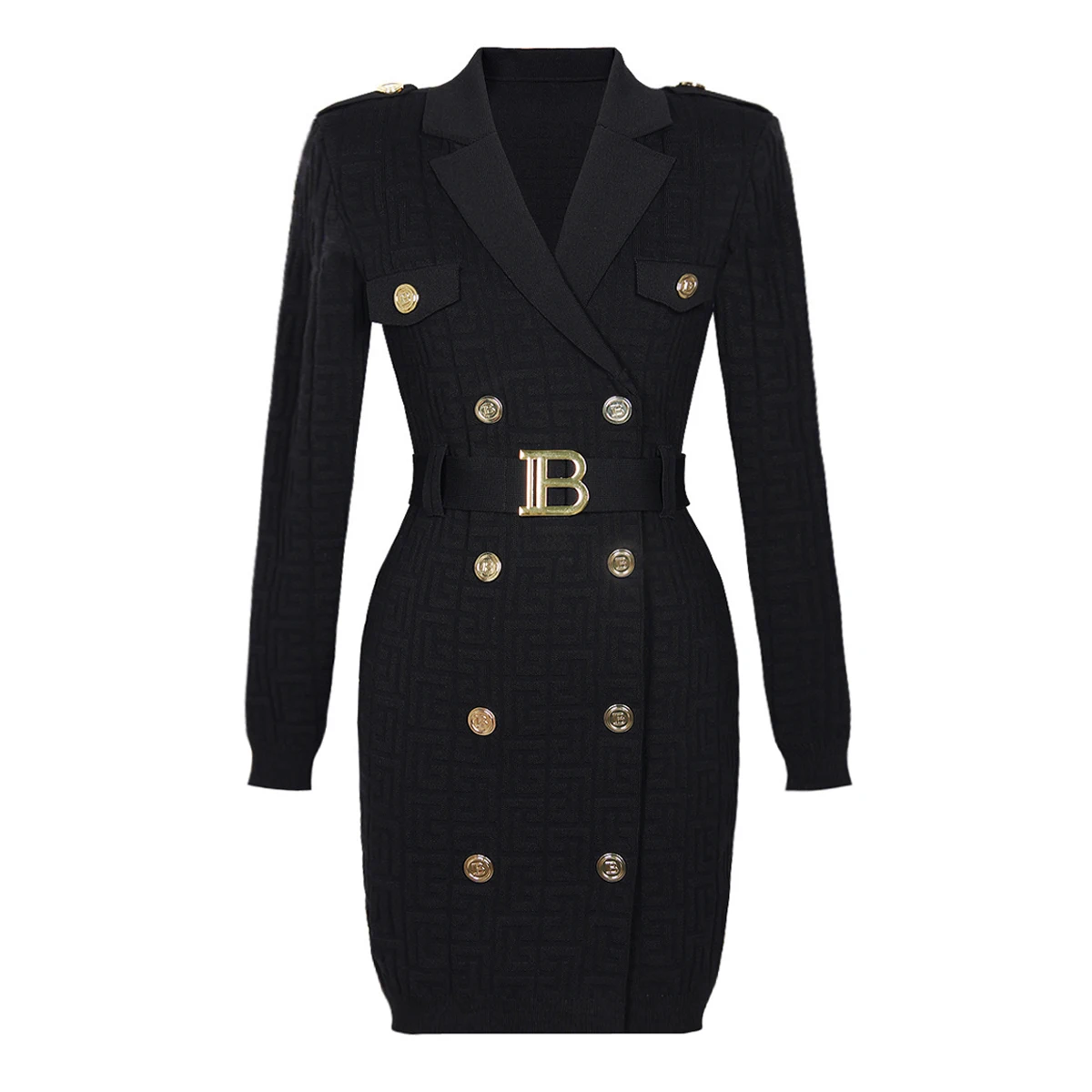 SML Spot 2024 European And American Spring And Autumn New Suit Collar Echo B-buckle Waist Slim Long-sleeved Knitted Dress