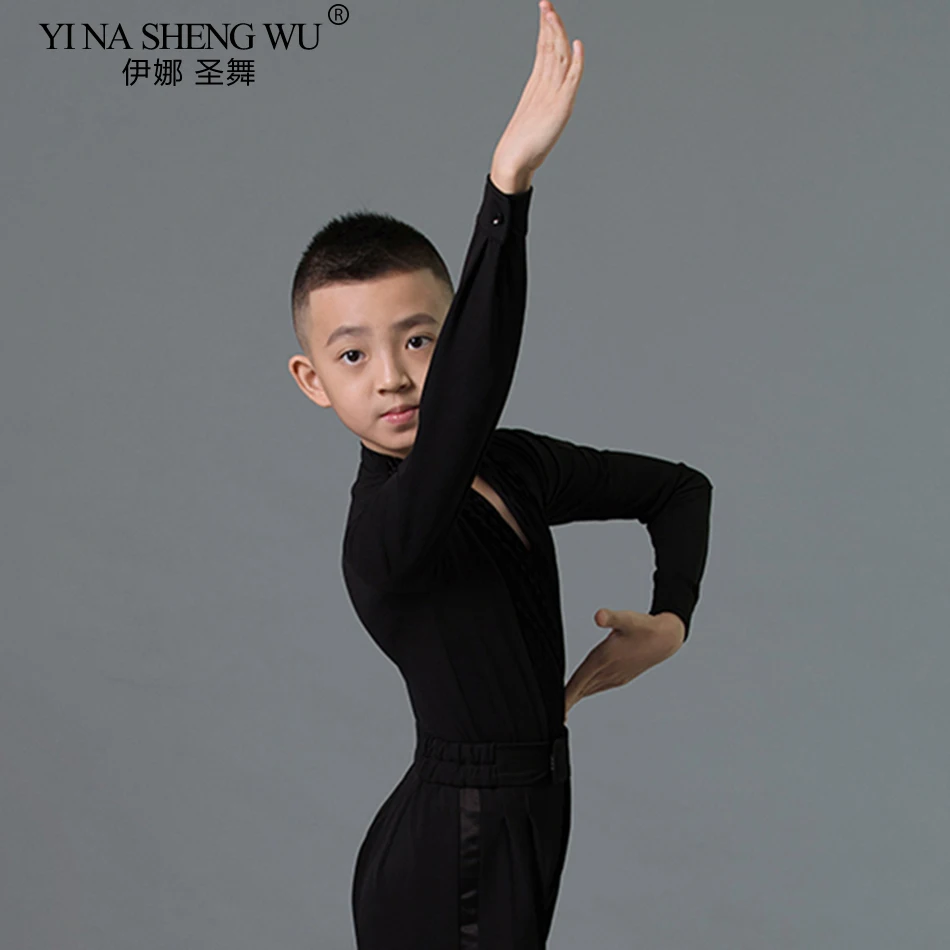 2025 جديد طويل الأكمام الأطفال الرقص اللاتينية تي شيرت الكتف حفرة الأولاد ملابس الرقص اللاتينية قاعة الرقص البطن التانغو