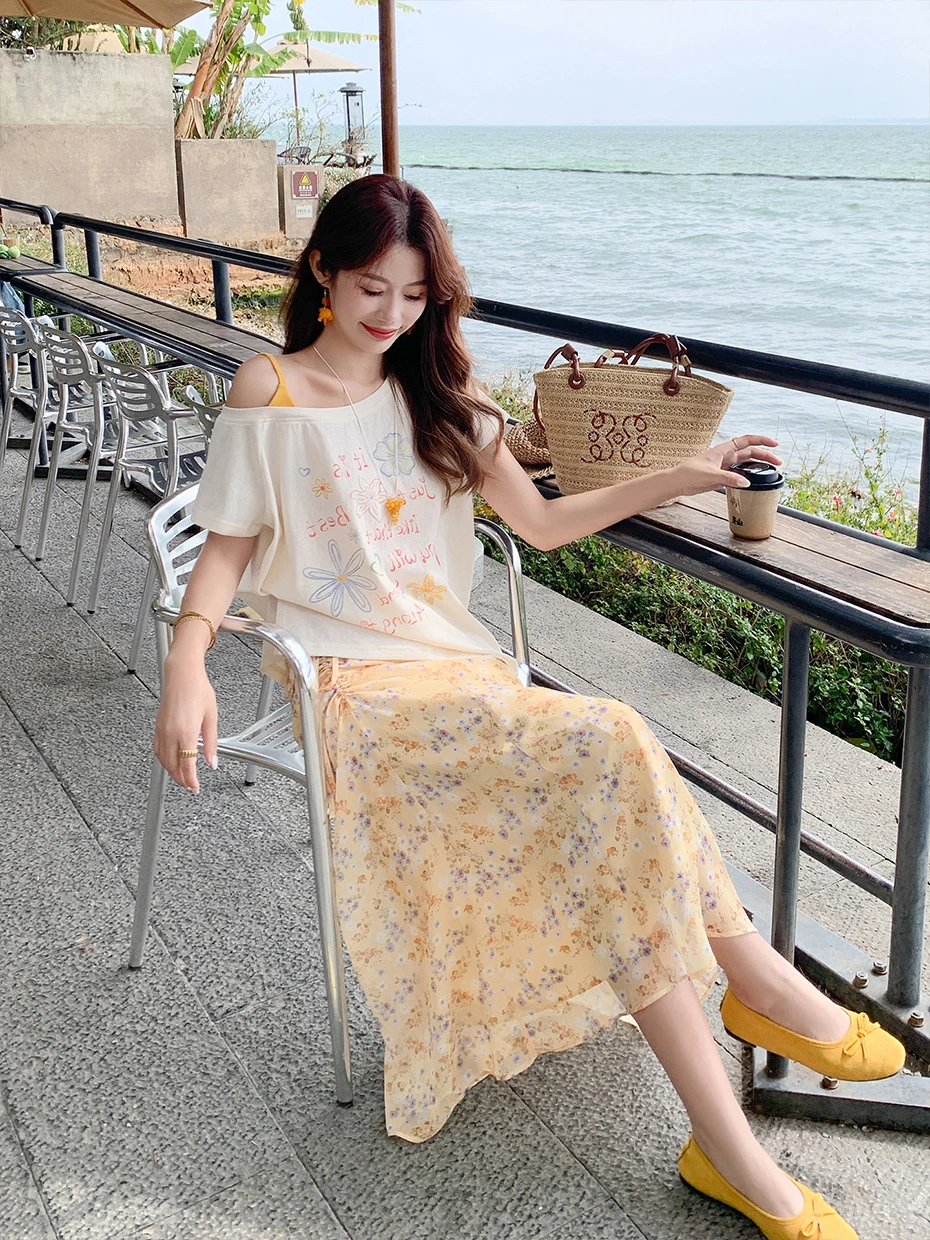 Korean Style Long Yellow Chiffon Skirt Women's Drawstring Floral Asymmetrical High Waist A-Line Skirt for Spring Summer