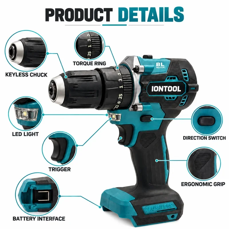 IONTOOL 2-Speed Cordless Drill 0-500/0-1700RPM 60N for Wood Drilling and Screw Driving Work Tool Only