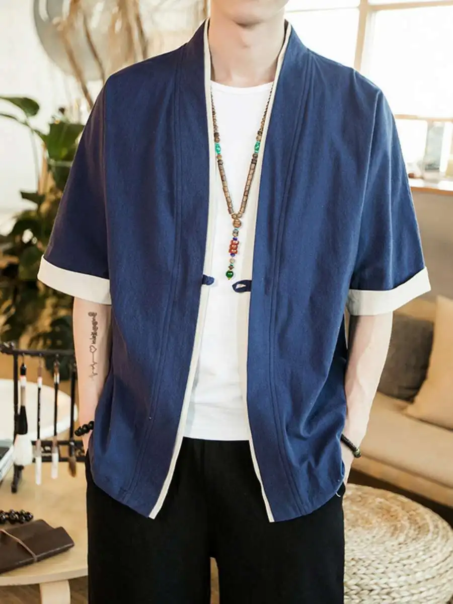 

Мужская свободная куртка-кимоно с рукавом три четверти, молодежная повседневная хлопковая, на пуговицах, традиционная этническая одежда, летняя новинка