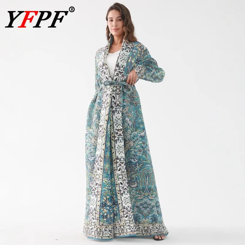 

YFPF Miyake Pleated Long Coat Women Vintage Printing Design Belt Waist Loose Streetwear Windbreaker Fashion 2025 New Clothing