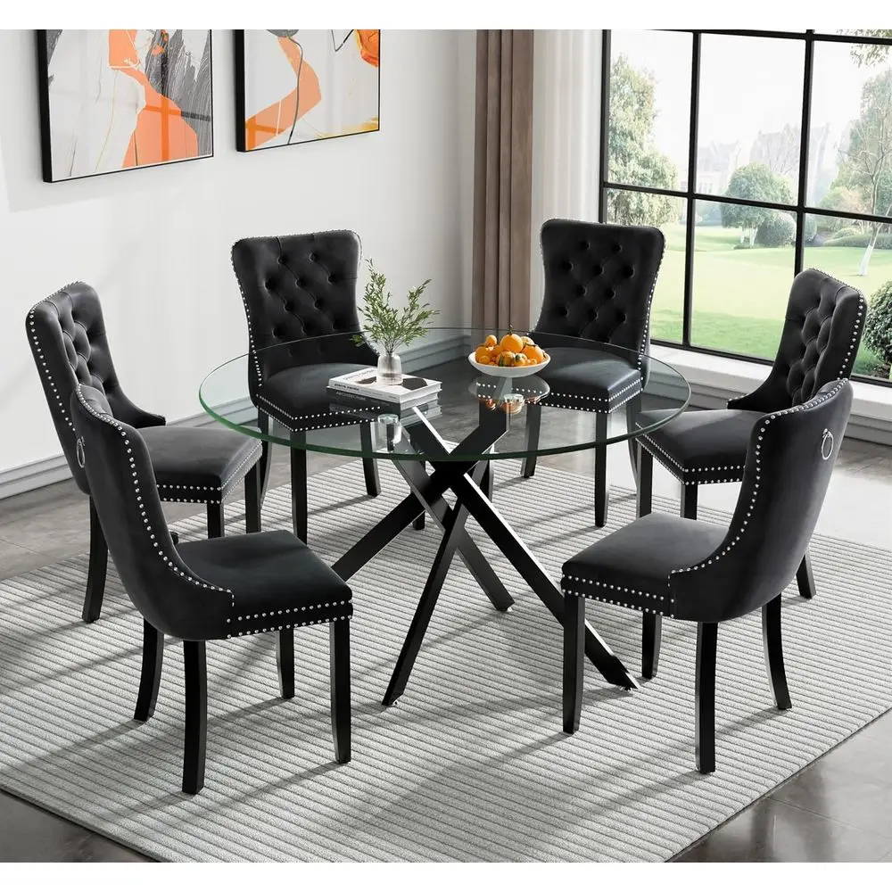

7-Piece Round Glass Dining Set or 6-Piece Glass Kitchen Table & Chairs | 47.2 Circular Dining Table with 6 Black Chairs