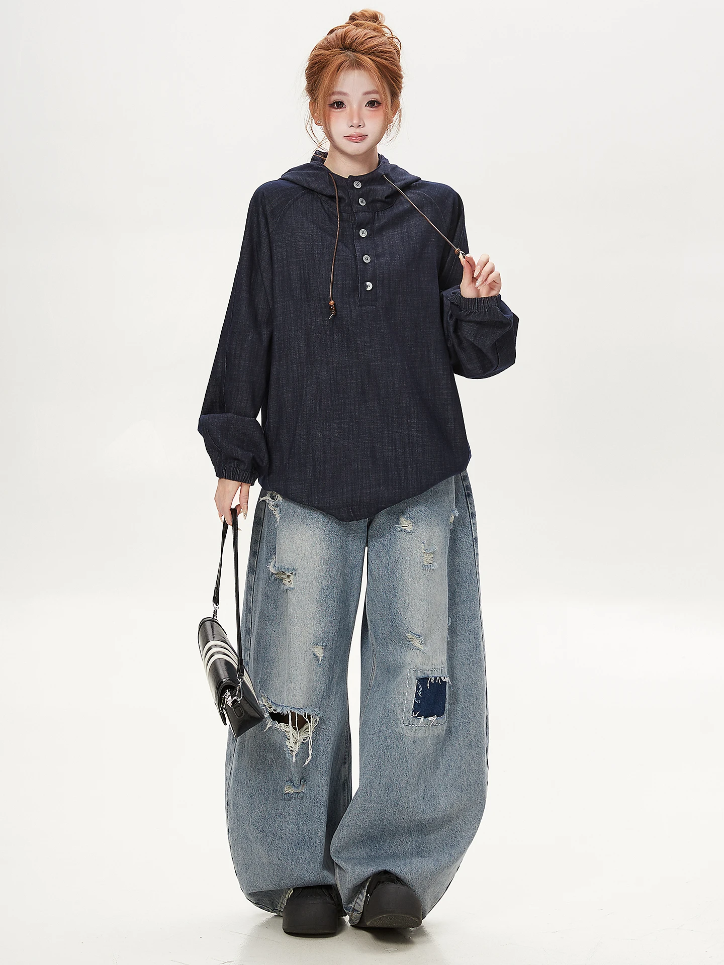 Loose Fit Long Sleeve Hoodie Women's Casual Denim Sweatshirt Drawstring Single Button up Trendy Ant Pattern Streetwear