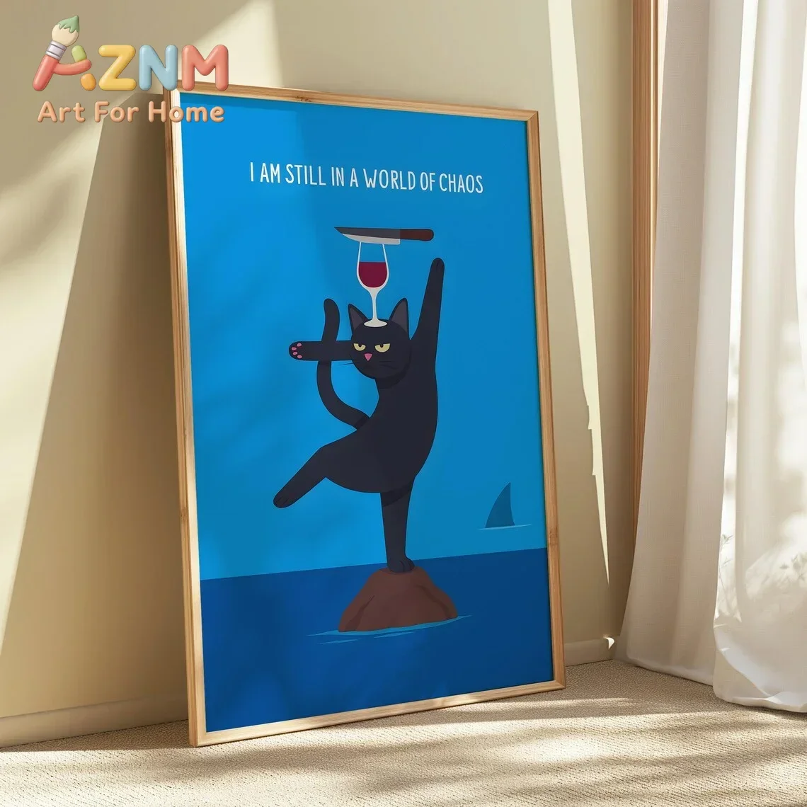 AZNM I Am Still In A World Of Chaos Canvas Wall Art Funny Black Cat Balancing Wine Glass Cartoon Art Print Unframed Canvas Poste