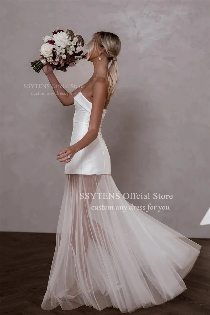 SSYTENS Elfenbein-Satin, kurze Brautkleider, trägerlos, Spitze, A-Linie, formelle Ballkleider, ärmellos, sexy Brautkleid für Damen, individuell gestaltet