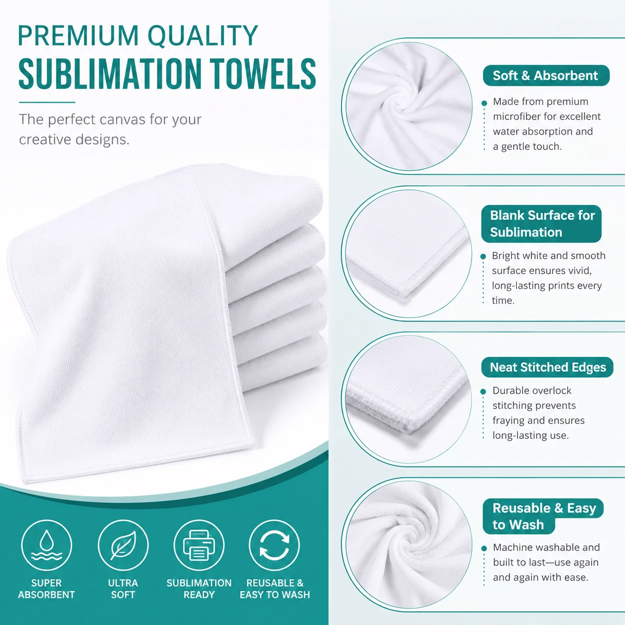 5 Pack Sublimation Blank Towels, 11.8x11.8in in DIY Hand and Dish Towels for Kitchen, Bathroom, and Home Use