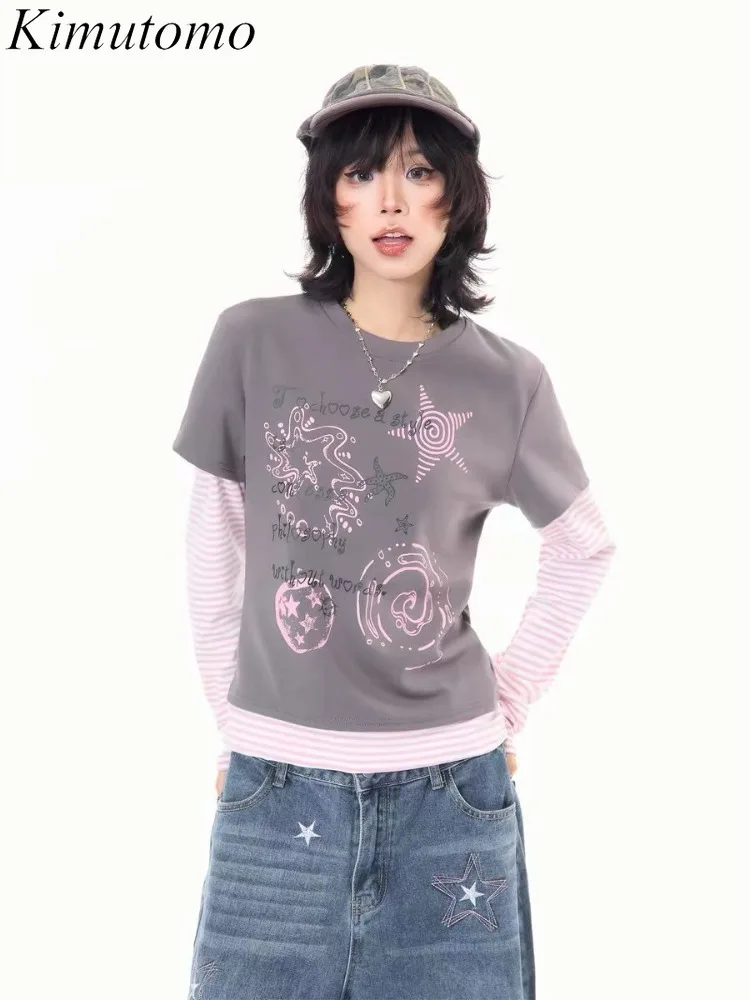 Kimutomo Women Y2K Harajuku Fake Two Piece Tshirt Graphic Star Print Layered Striped Long Sleeve Tee Grunge Aesthetic Streetwear