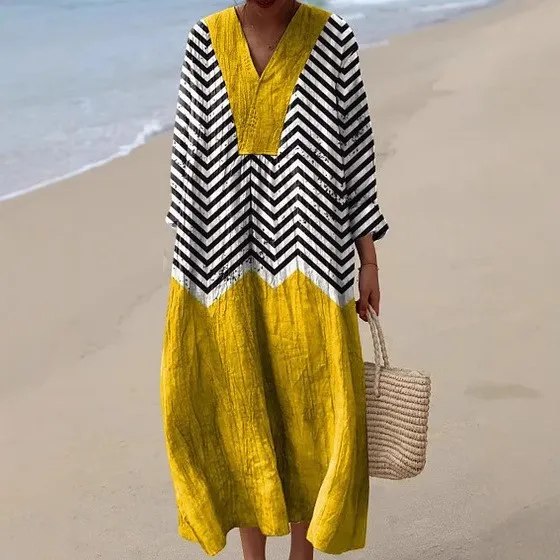 

Beach Dress Women's Beachwear Long Sleeve Floral Print Dresses Plus Size A Line Maxi Dress Blue Chevron Print Casual Dress