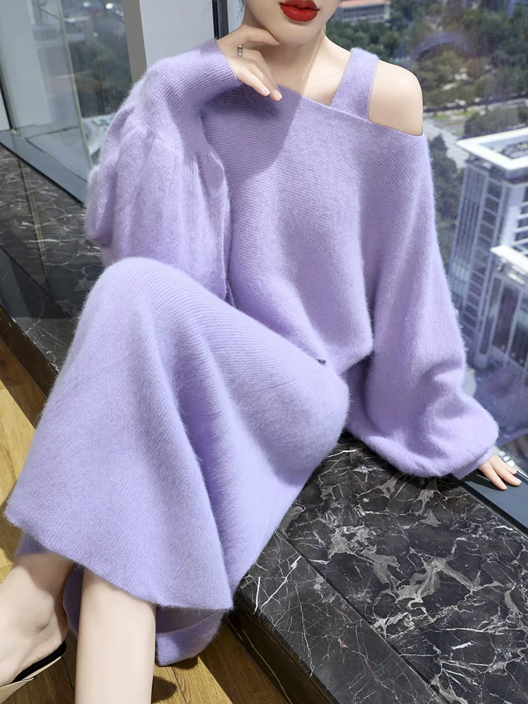 Women Suit One Collar Dresses 100% Mink Cashme Knit High Quality Sweater Top And Skirt Two-Piece Female Clothing Grace Soft Suit