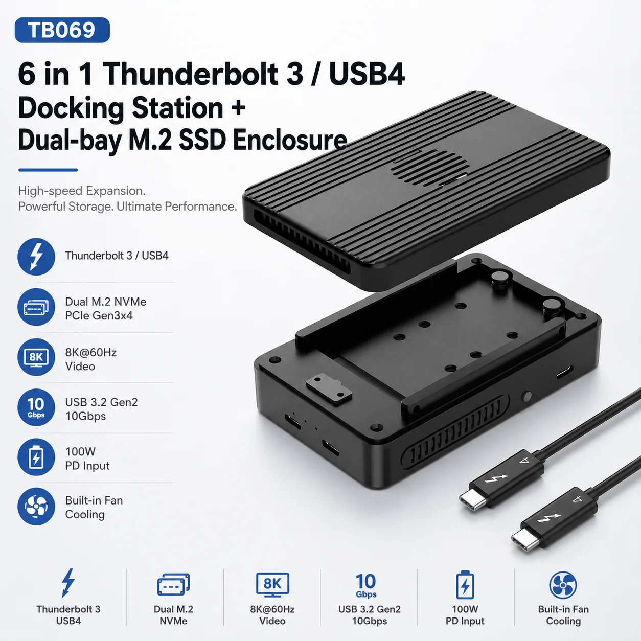 Thunderbolt 3 Dock Dual M.2 NVMe SSD Enclosure, USB4 40Gbps, HDMI 4K, USB-A 10Gbps, 100W PD Charging, Fan Cooling, TB069
