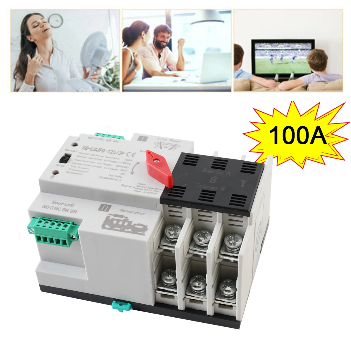 

100A Dual Power Automatic Transfer Switch 3P Electrical Selector Switches 110V Changeover Circuit Breaker Uninterrupted Power
