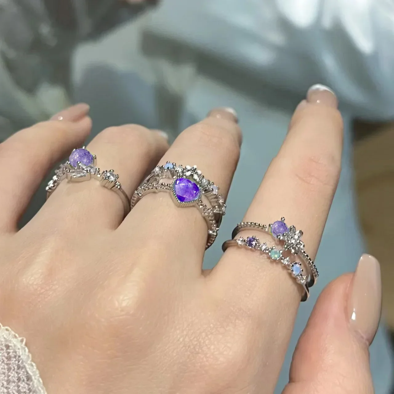 2024 Fashion Jewelry Crystal Rings Heart Adjustable Ring Irregular Geometry Punk Vintage Rings Set for Women Girls Hot Sales image 3