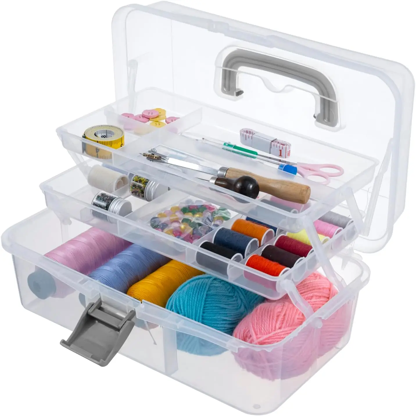 

13 Inch Transparent Plastic Empty Multipurpose Storage Box with Gray Handle, Latching Lid and 2