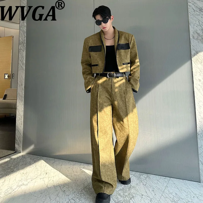 

WVGA Spring Autumn New Men Tide Color-Block Trendy Leather Short Jacket Nichechic Casual Wide-Leg Pants Two-Piece Set Ins W16844
