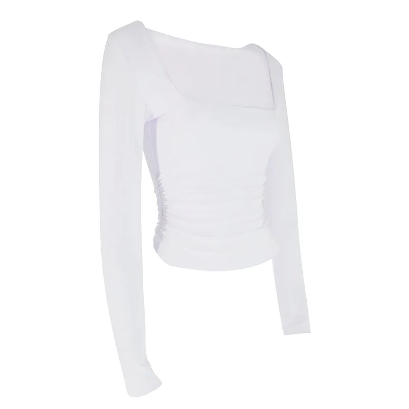 Herbst Neu Damen T-Shirt Streetwear Mode Langarm Lässig Schmal Vielseitig Damen T-Shirt Einfarbig Sexy Tiefer Ausschnitt Oberteile Kleidung – Detail 27