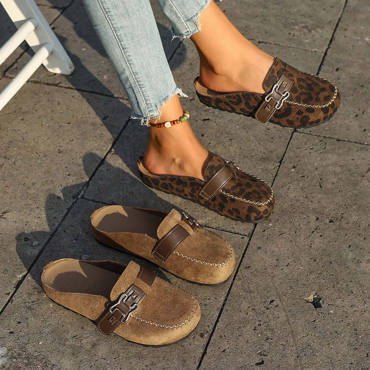 

Retro large size two wear flat single shoes women's fashion one pedal bag head half drag big head foreign trade bean slippers