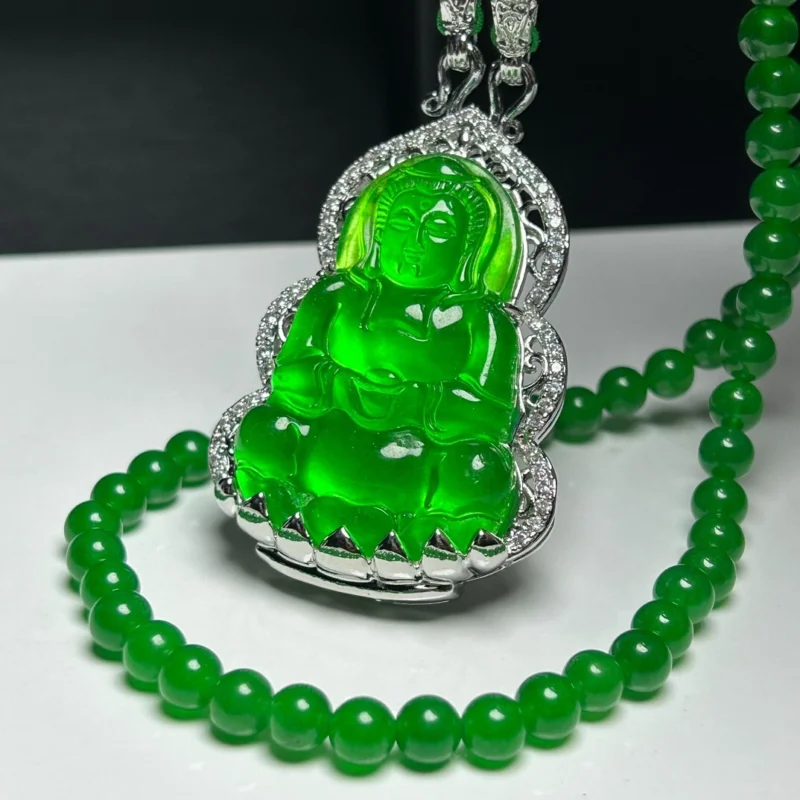 Certified Natural high Ice Green jade Jadeite Carved Guanyin Pendant&Necklaces