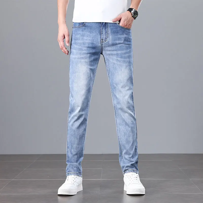 Summer Ultra-thin Men's Jeans  Soft Breathable Loose Straight Light Blue Denim Pants Business Casual Ice Silk Trousers