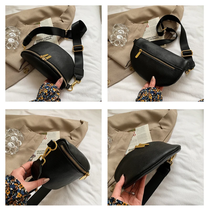 Vintage Fanny Pack Luxury Woman Banana Waist Bag Wide Shoulder Strap Crossbody Chest Bag Soft Leather Designer Sac Banane Femme