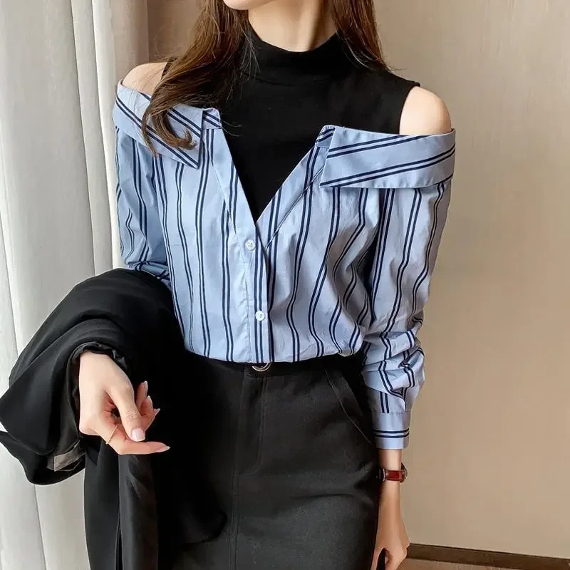 Fake Two Pieces Chiffon Silk Blouse for Women Off Shoulder Top Cool Blue Stripe Cotton Satin Shirt Woman Particular Trends Youth