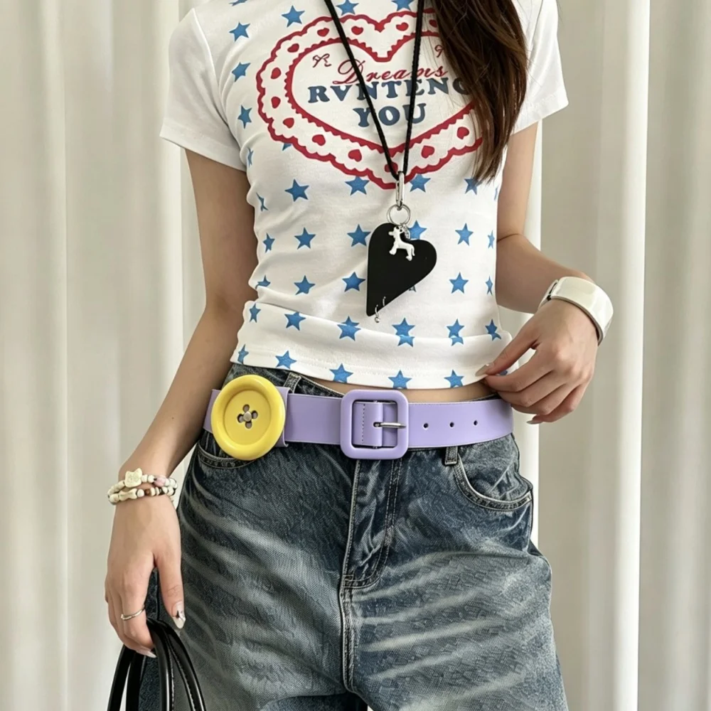 Punk Millennium Y2K Large Button PU Waist Belts Dopamine Square Buckle Wide Belt Alt Subculture Music Festival Daily Wear