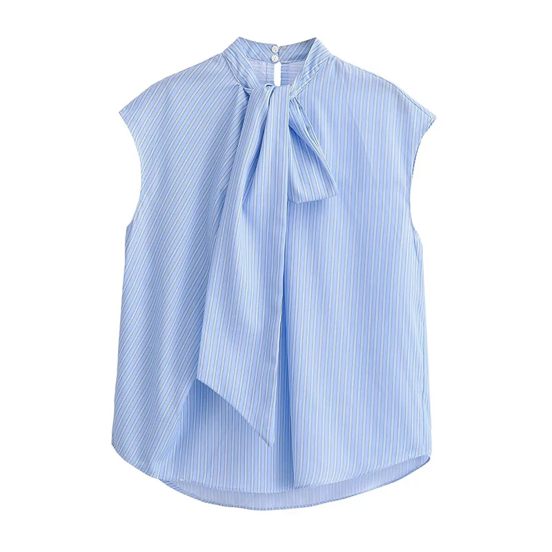 

YENKYE Элегантная женская полосатая рубашка без рукавов с бантом на шее, весна-лето 2026, топы, уличная мода