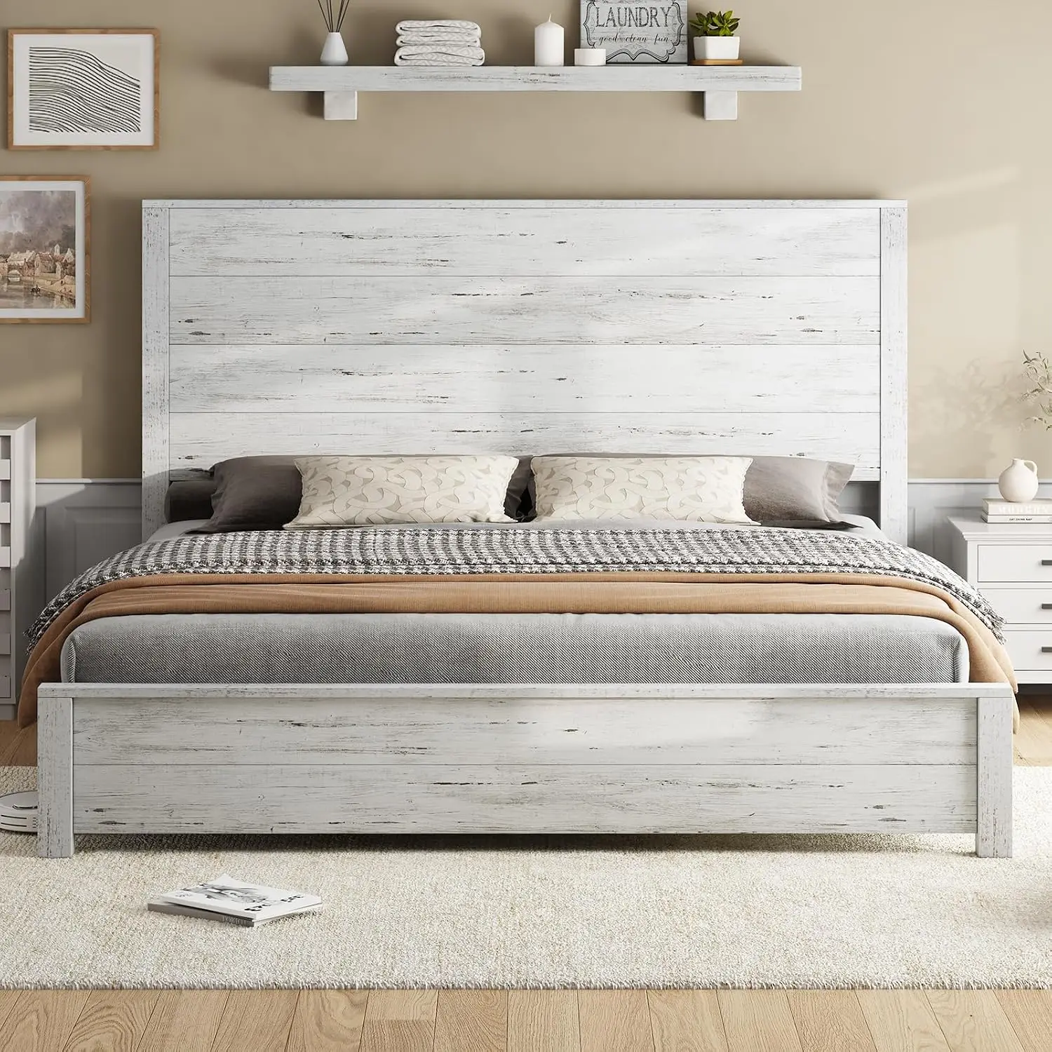 Queen Bed Frame Wood Platform Farmhouse Tall Spliced Headboard Slats Support No Box Spring 6.7