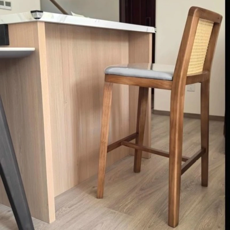 

Nordic Wabi-Sabi Style High Stool with Backrest Bar Stool Japanese Designer Wooden Bar Chair Home Kitchen Counter Height Stool