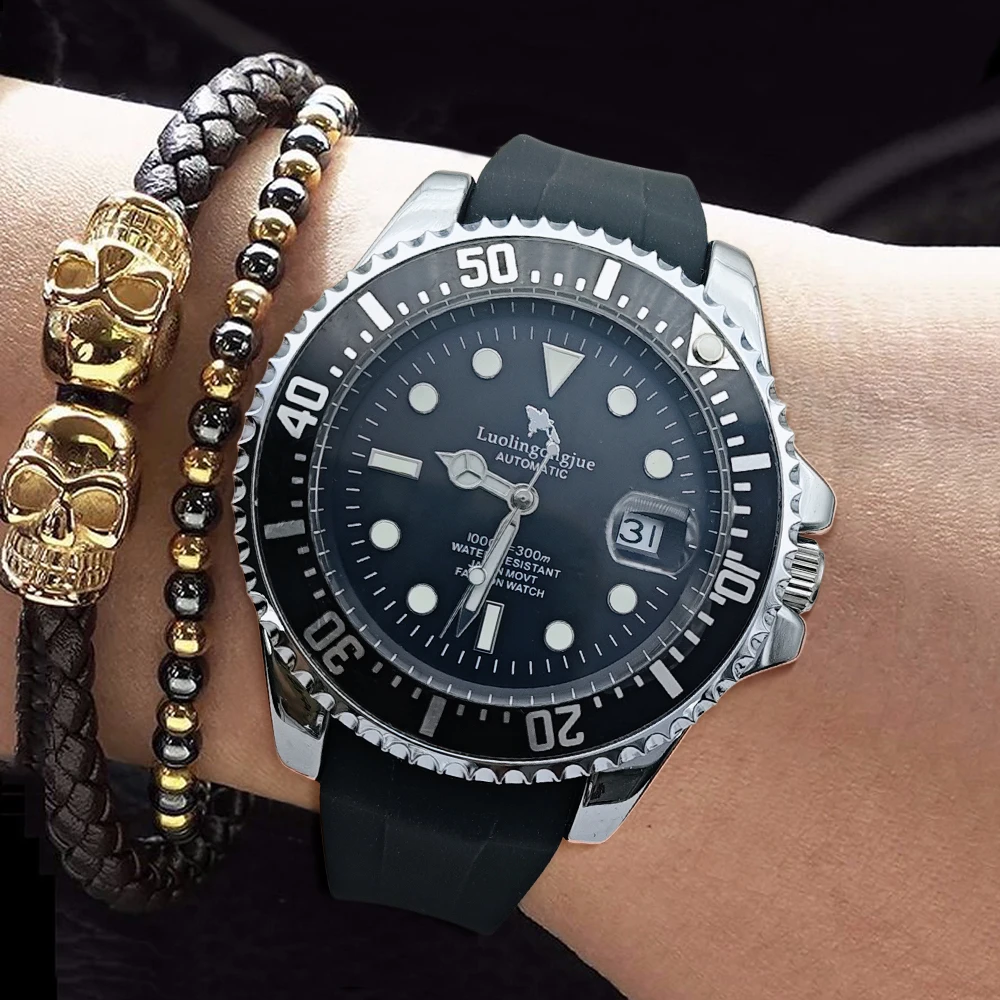 European and American Style High-End Luxury Men's Mechanical Watch, Round Dial, Automatic Winding, Skeleton Design, Silicone Strap, Luminous Waterproof Calendar Display, Fashionable, Casual, Simple, Stylish and Handsome Men's Watch, Suitable for All Occasions
