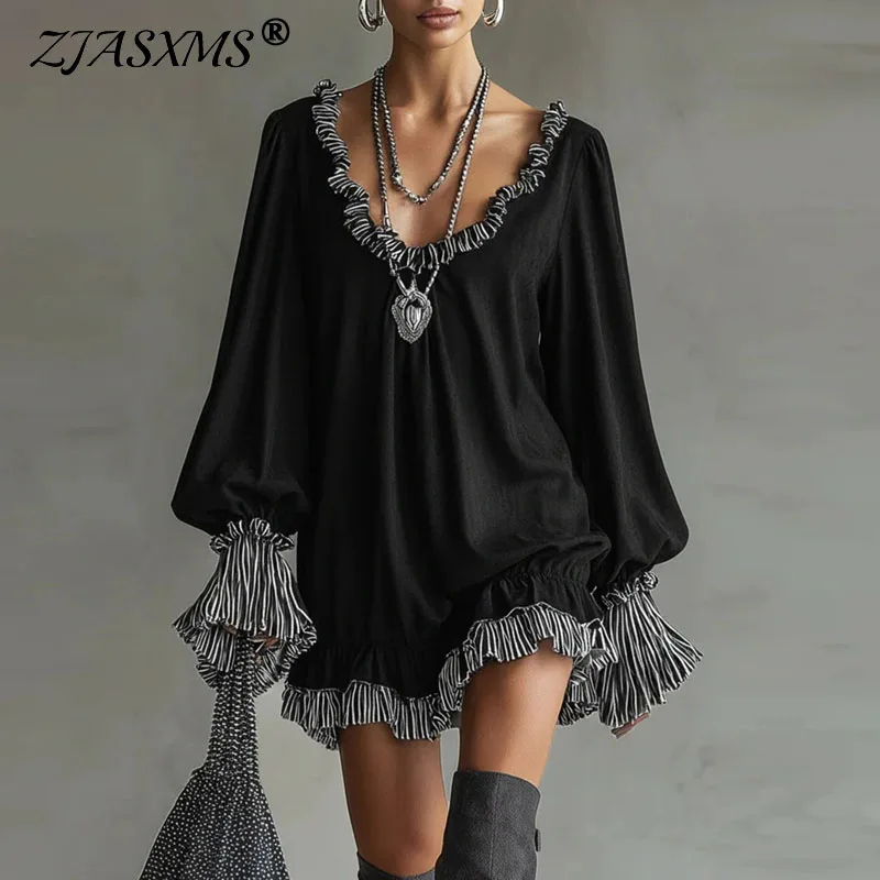 Vestido Retro a Rayas en Contraste con Volantes para Mujer, Vestido Mini Holgado con Cuello en V, Sexy, de Primavera, Vestido de Fiesta con Mangas Largas y Corte en A para Otoño
