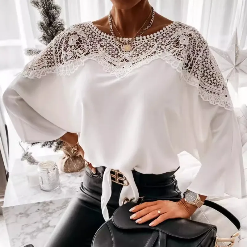 موضة فضفاضة الدانتيل قميص للنساء 2025 ربيع الخريف طويلة الأكمام س الرقبة بلوزة لباس أبيض بلوزات مكتب المرأة عادية