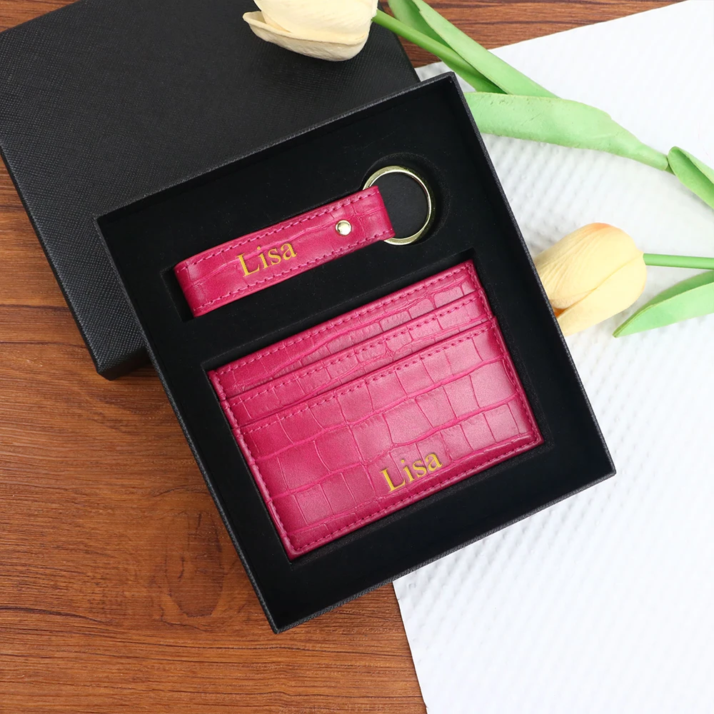 Customized name 1 set, crocodile-patterned PU leather fashionable short wallet, Christmas birthday gift box, car keychain cover