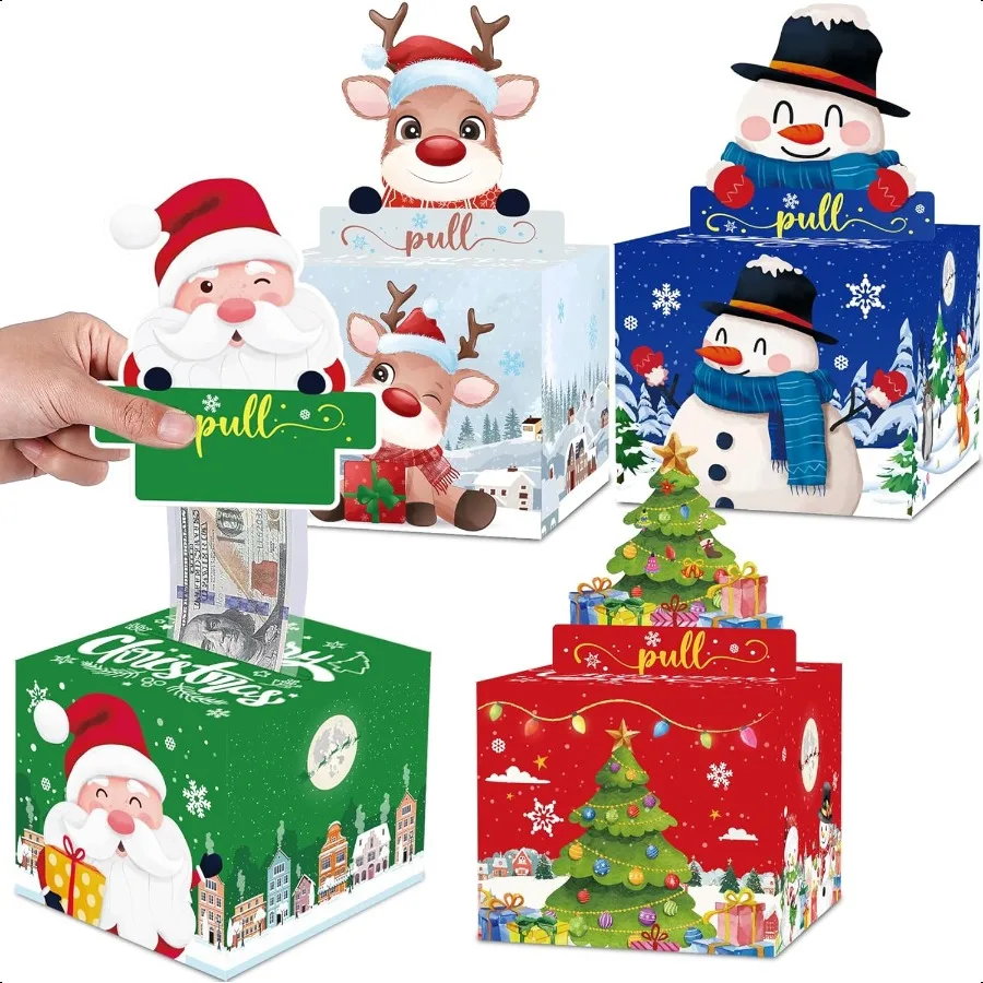 

4 Pack Christmas Money Box for Cash Gift Pull Surprise Money Holder for Adults with 200Pcs Transparent Bags Fun Ways to Give Ca