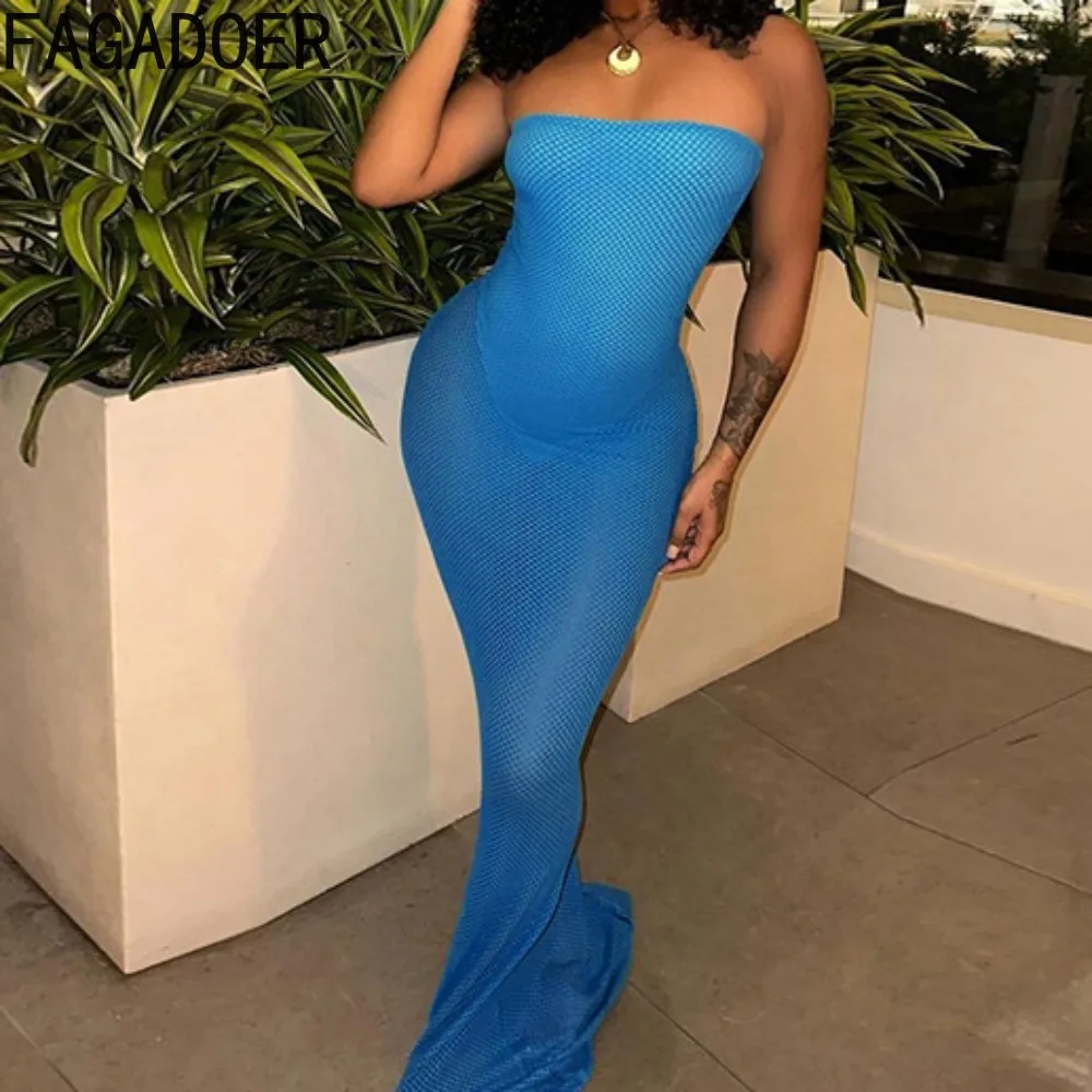 

FAGADOER Sexy Strapless Long Dresses Women Mesh Patchwork See Through Bodycon Club Party Vestidos Female Maxi Dress 2024 new